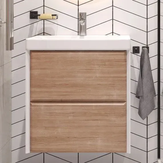 Тумба под раковину Gesso 600-0-2 навесная белый матовый/дуб сонома с Раковиной керамич. 9696