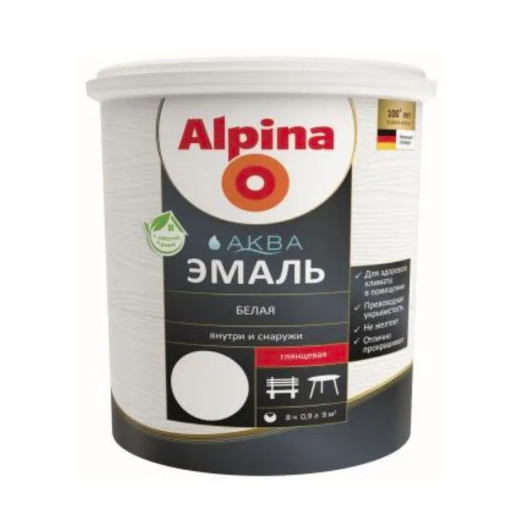 Alpina АКВА Эмаль белая шелк.-мат. 0,9л/1,10кг