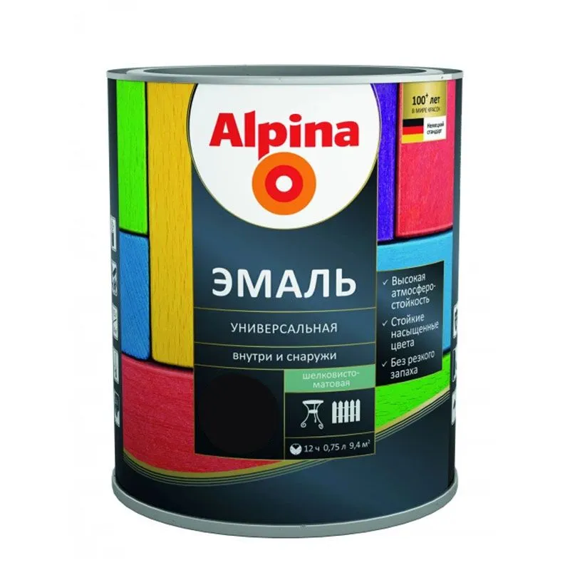 Эмаль алкидная ALPINA эмаль универсальная шелковисто-матовая,цветная,чёрная 0,75л/0,87кг
