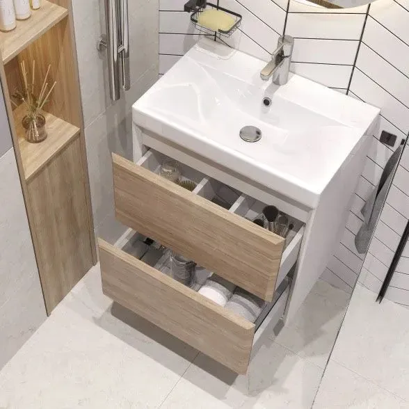 Тумба под раковину Gesso 600-0-2 навесная белый матовый/дуб сонома с Раковиной керамич. 9696