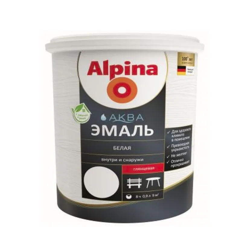 Alpina АКВА Эмаль белая глянц. 0,9л/1,10кг