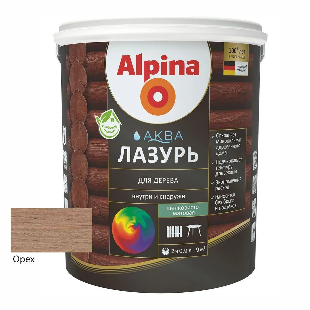 Лак акриловый водно-дисперсионный Alpina Аква Лазурь для дерева цветная, Орех, 0,9 л/0,90 к