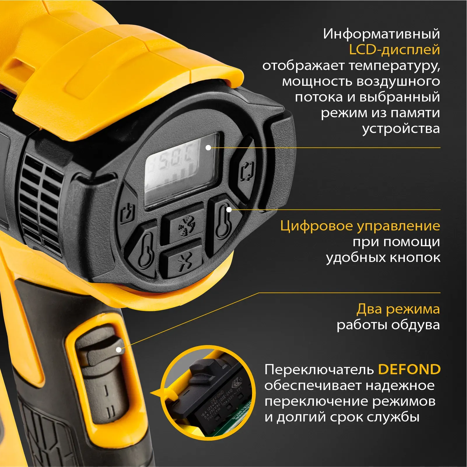 Фен технический HG-2000E, 2000 Вт, 2 режима,LCD дисплей // Denzel 28007