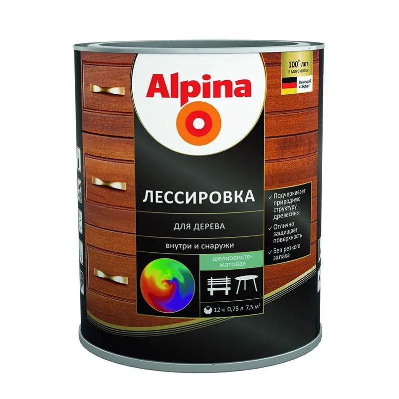 Средство защитно- декоратив Alpina Лессировка для дерева шелковисто-мат., алкид., бесцв.0.75л/0.60кг