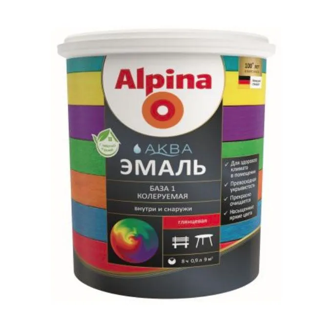 Эмаль акриловая водно-дисперсионная Alpina Аква эмаль База 1 глянцевая 0,9л/1,10кг
