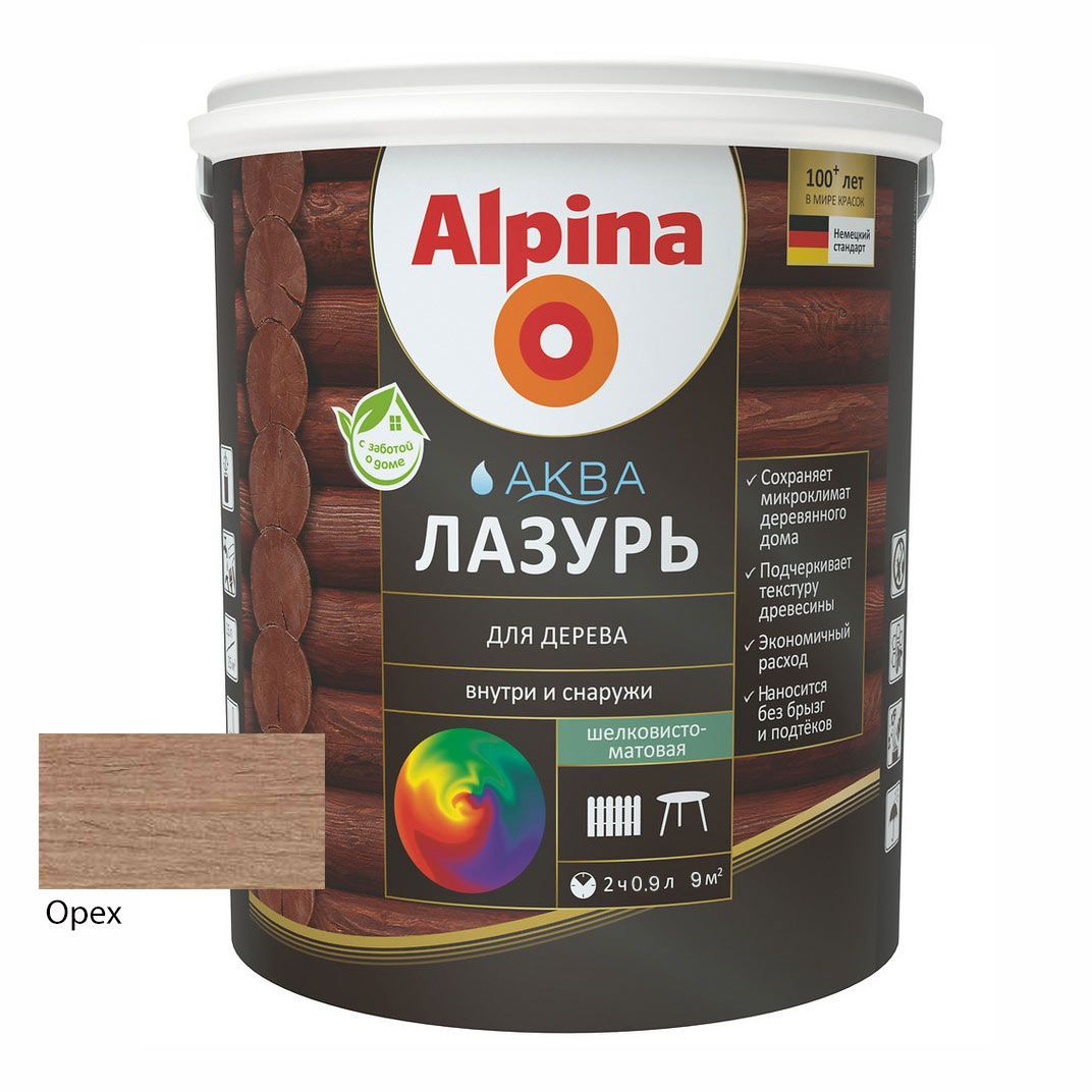 Лак акриловый водно-дисперсионный Alpina Аква Лазурь для дерева цветная, Орех, 0,9 л/0,90 к