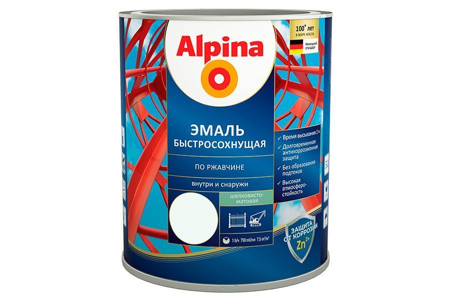 Грунт-эмаль алкидная "Alpina быстросохнущая по ржавчине шелковисто-матовая,цветная,RAL9003" 750мл