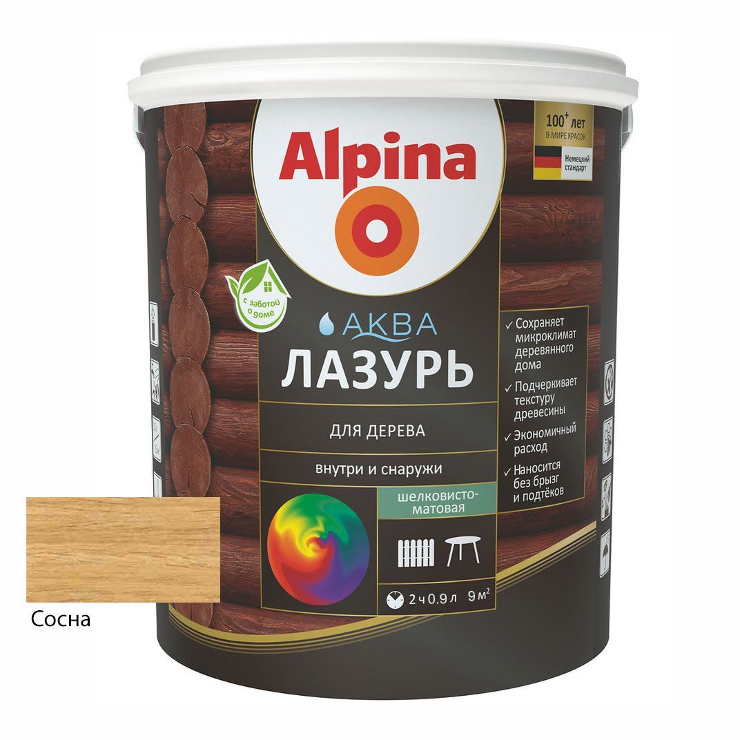 Лак акриловый водно-дисперсионный Alpina Аква Лазурь для дерева цветная, Сосна, 0,9 л/0,90