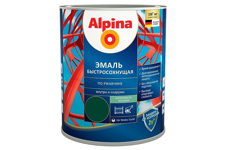 Грунт-эмаль алкидная "Alpina быстросохнущая по ржавчине шелковисто-матовая,цветная,RAL6005" 750мл