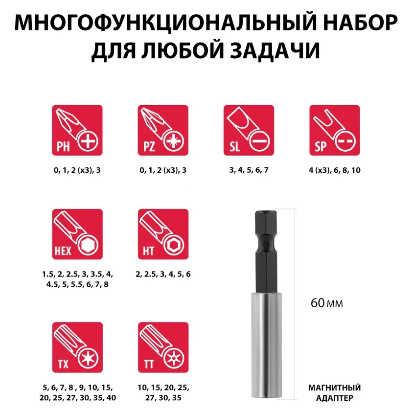 Набор бит с магнитным держателем, CrV, 61шт. // MATRIX 11387