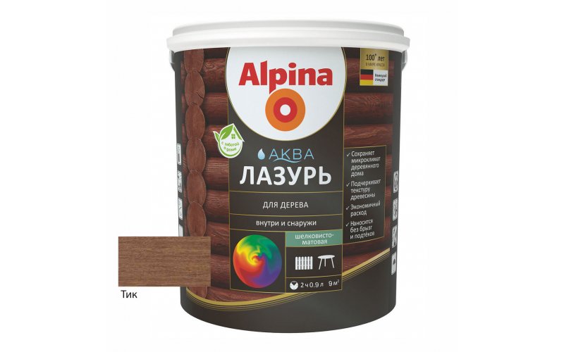 Лак акриловый водно-дисперсионный Alpina Аква Лазурь для дерева цветная, Тик, 0,9 л/0,90 кг
