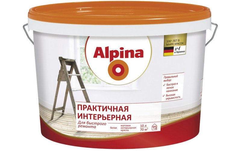 Краска ВД-АК Alpina Практичная интерьерная, белая, 5 л / 8,2 кг