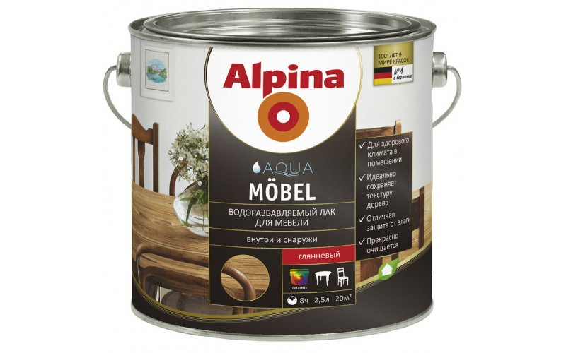 Лак акрил. Alpina Водоразбавляемый лак для мебели (Alpina Aqua Moebel) глянцевый 750 мл / 0