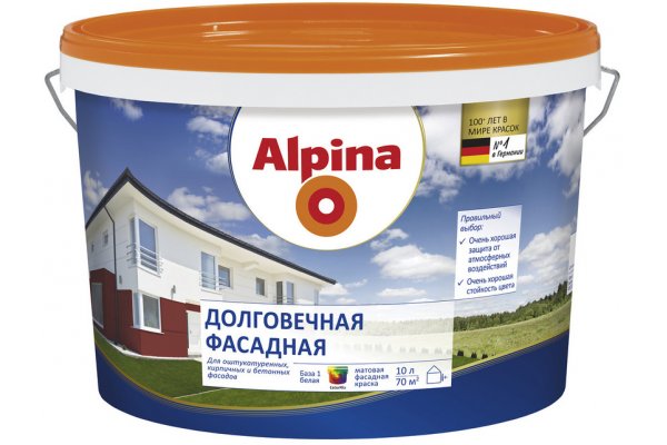 Краска в/д акриловая Alpina Долговечная фасадная База 1, белая, 10 л